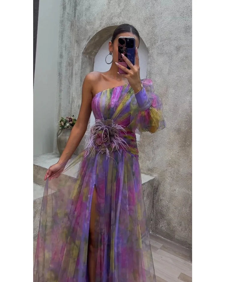 Evening Maxi Dress | One-Shoulder, Floral Appliqué & High Slit | Noor