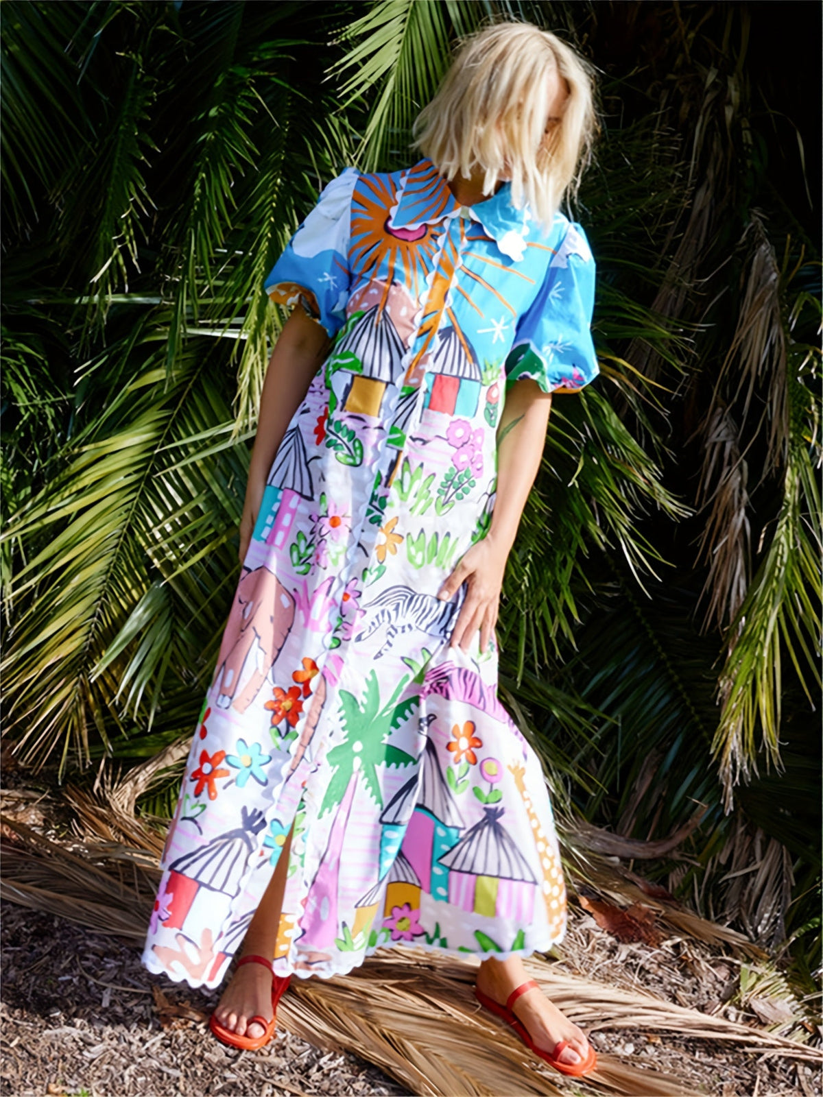 Galia | Midi Dress | Tropical Print, Lapel Neckline, Summer