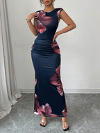 White Maxi Dress Sleeveless Bodycon Floral Print Round Neck