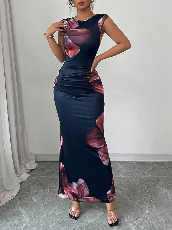 White Maxi Dress Sleeveless Bodycon Floral Print Round Neck