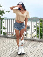 Women Crop Top V Neck Waffle Knit Short Sleeve | Wilhelmina
