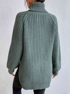 Women Ribbed Knit Turtleneck Sweater Side Slit