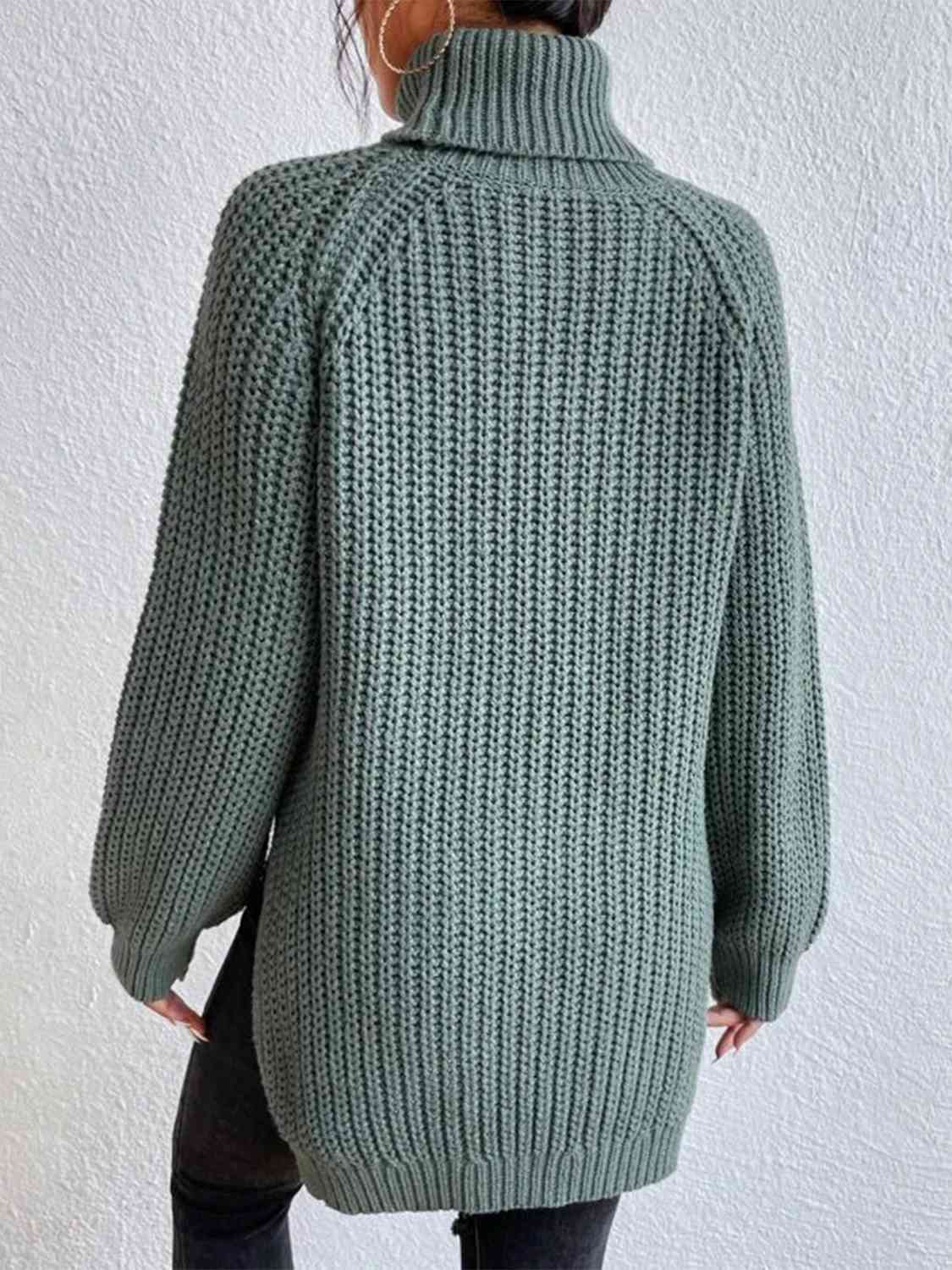 Women Ribbed Knit Turtleneck Sweater Side Slit