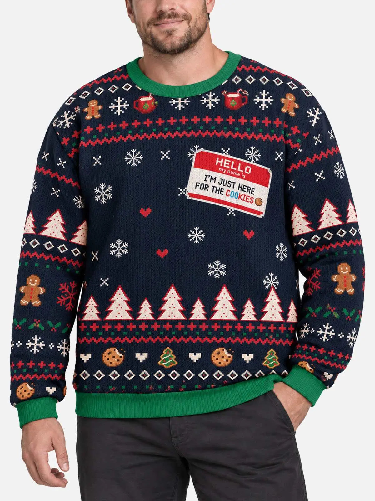 Christmas Sweater Ugly Unisex Navy Snowflake Gingerbread Pullover
