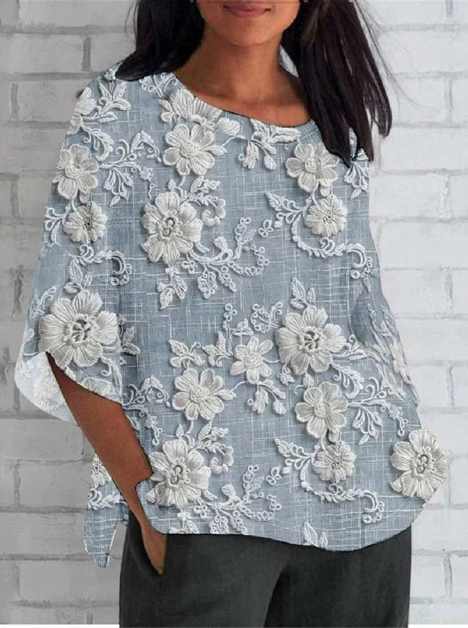 Women Blouse Vintage Floral Embroidery