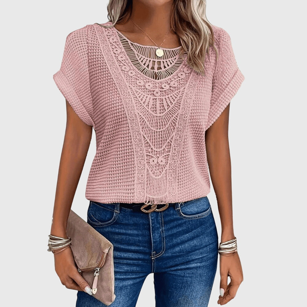 Mila | Women's Openwork Blouse | Short Sleeve, Round Neck | Loose Fit
