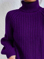 Women Ribbed Knit Turtleneck Sweater Side Slit