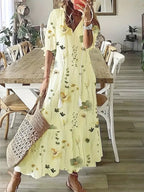 Boho Dress Women Ikat Print Ruffled V Neck Flowy Fit Lightweight