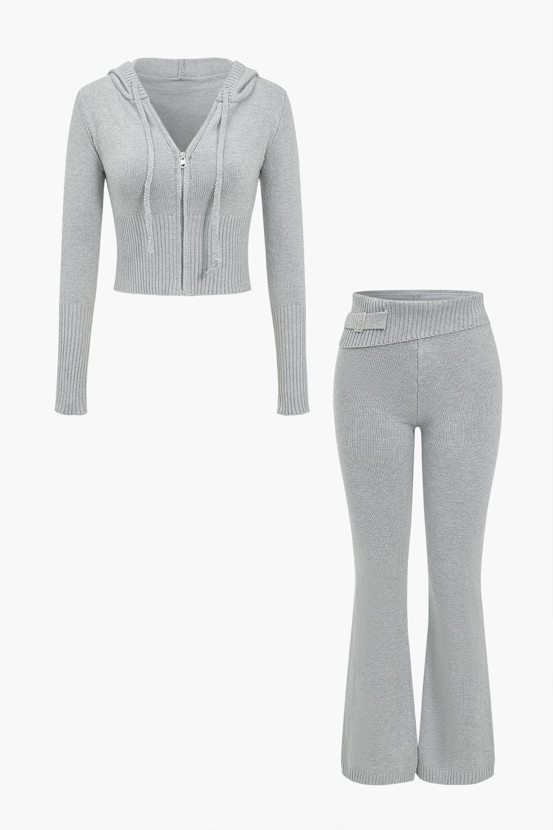 Women 2 Piece Knit Hoodie Flared Pants Set
