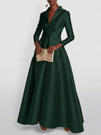Lena | Maxi Dress | A-Line, High Waist, V-Neck, Long Sleeve | Pleated