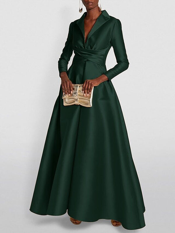 Lena | Maxi Dress | A-Line, High Waist, V-Neck, Long Sleeve | Pleated