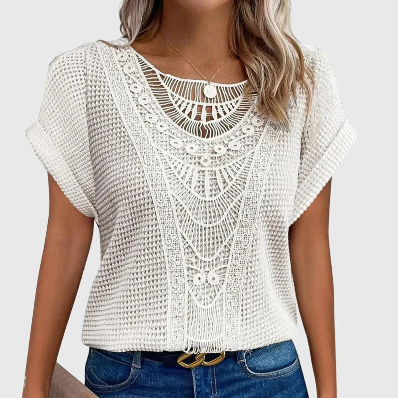 Mila | Women's Openwork Blouse | Short Sleeve, Round Neck | Loose Fit