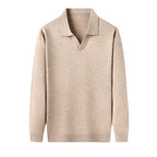 Dione | Men's Long Sleeve Polo Shirt | V-Neck, Ribbed Trim | Beige