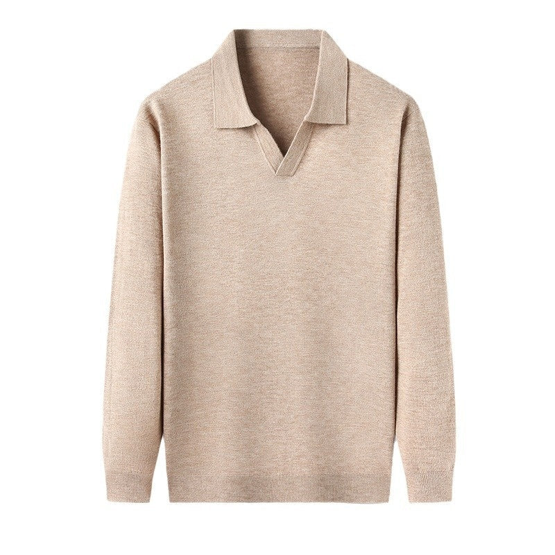 Dione | Men's Long Sleeve Polo Shirt | V-Neck, Ribbed Trim | Beige