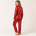 Satin Christmas Pajamas Women Red Long Sleeve Top Full Length Pants Set