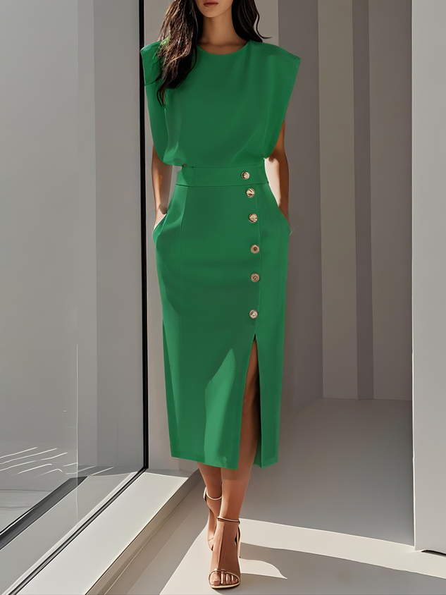 Calla | Women's Midi Dress | Round Neckline, Button Slit | Structured