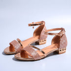 Cocktail Sandals | Women Metallic Glitter Ankle Strap Low Block Heel