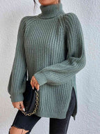 Women Ribbed Knit Turtleneck Sweater Side Slit
