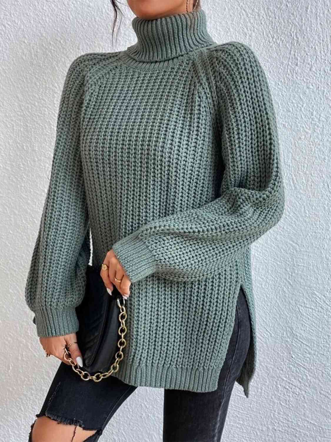 Women Ribbed Knit Turtleneck Sweater Side Slit
