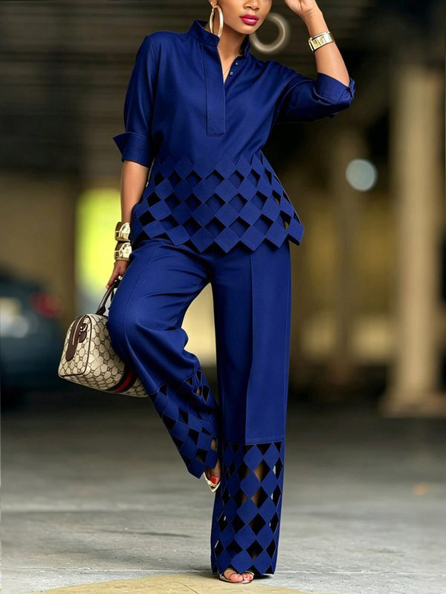 Women Blouse Stand Collar Three Quarter Sleeve Hollow Buttoned Loose | Aria