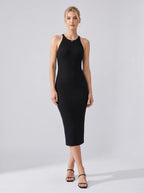 Cocktail Dress Women Sleeveless Ribbed Bodycon Midi Halter Neck