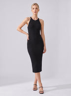 Cocktail Dress Women Sleeveless Ribbed Bodycon Midi Halter Neck