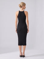 Cocktail Dress Women Sleeveless Ribbed Bodycon Midi Halter Neck
