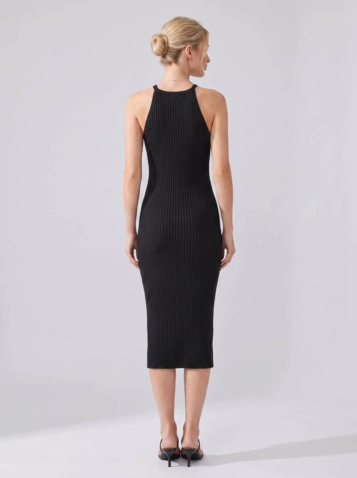 Cocktail Dress Women Sleeveless Ribbed Bodycon Midi Halter Neck