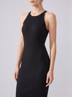 Cocktail Dress Women Sleeveless Ribbed Bodycon Midi Halter Neck
