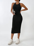 Cocktail Dress Women Sleeveless Ribbed Bodycon Midi Halter Neck