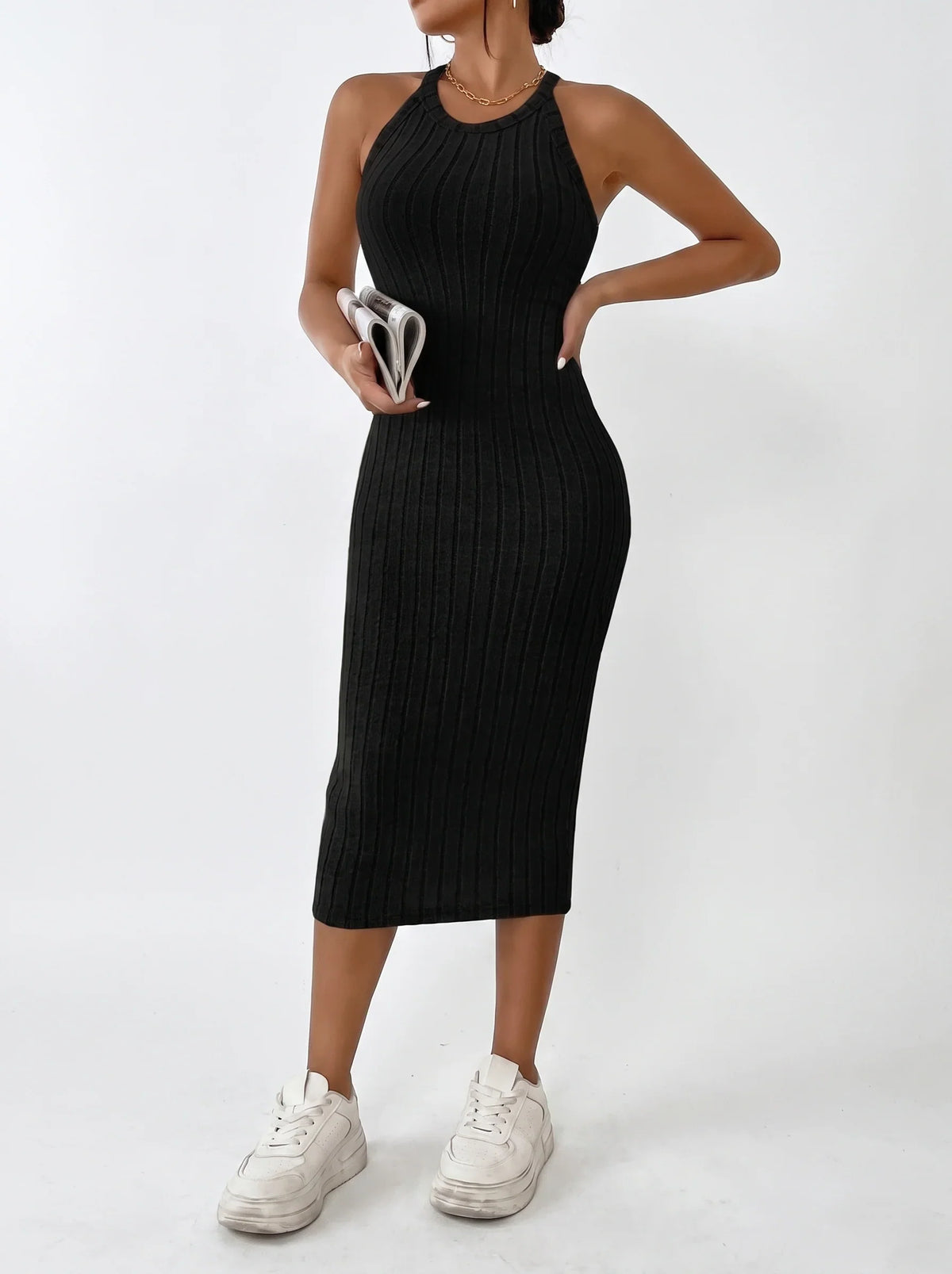 Cocktail Dress Women Sleeveless Ribbed Bodycon Midi Halter Neck