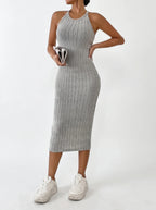 Cocktail Dress Women Sleeveless Ribbed Bodycon Midi Halter Neck