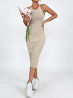 Cocktail Dress Women Sleeveless Ribbed Bodycon Midi Halter Neck