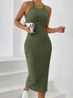 Cocktail Dress Women Sleeveless Ribbed Bodycon Midi Halter Neck