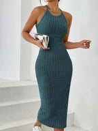 Cocktail Dress Women Sleeveless Ribbed Bodycon Midi Halter Neck