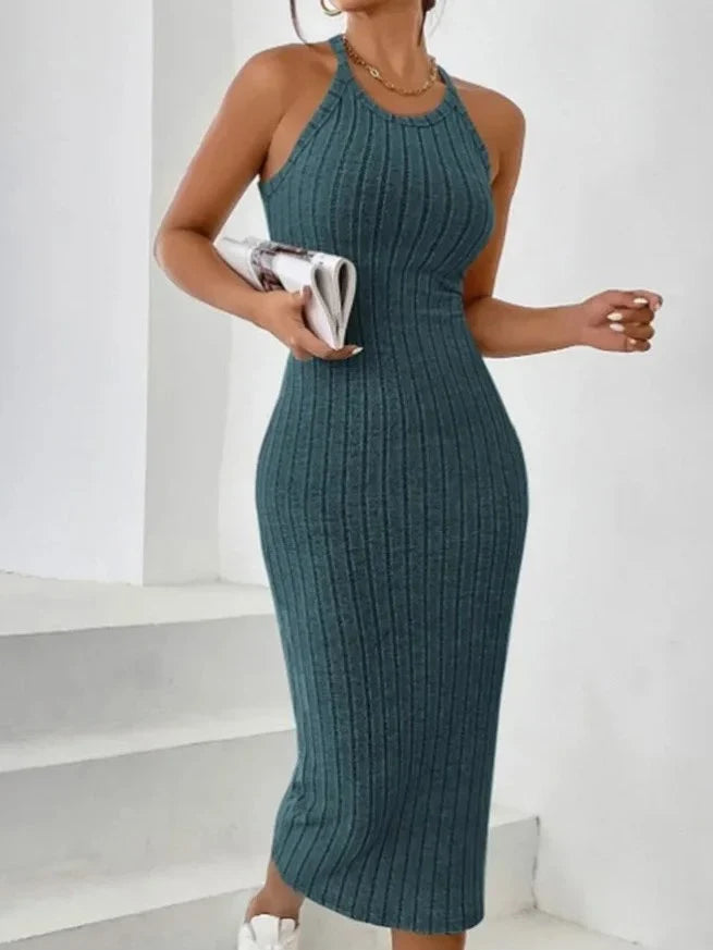Cocktail Dress Women Sleeveless Ribbed Bodycon Midi Halter Neck