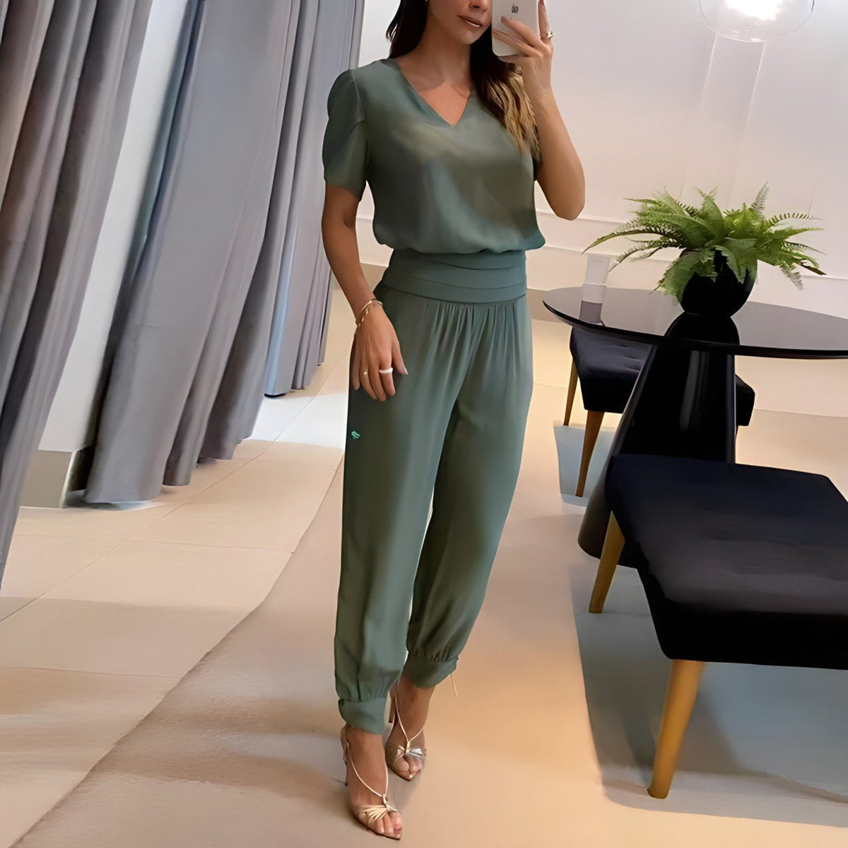 Vianne | Women 2 Piece Blouse Pants Set Puff Sleeve