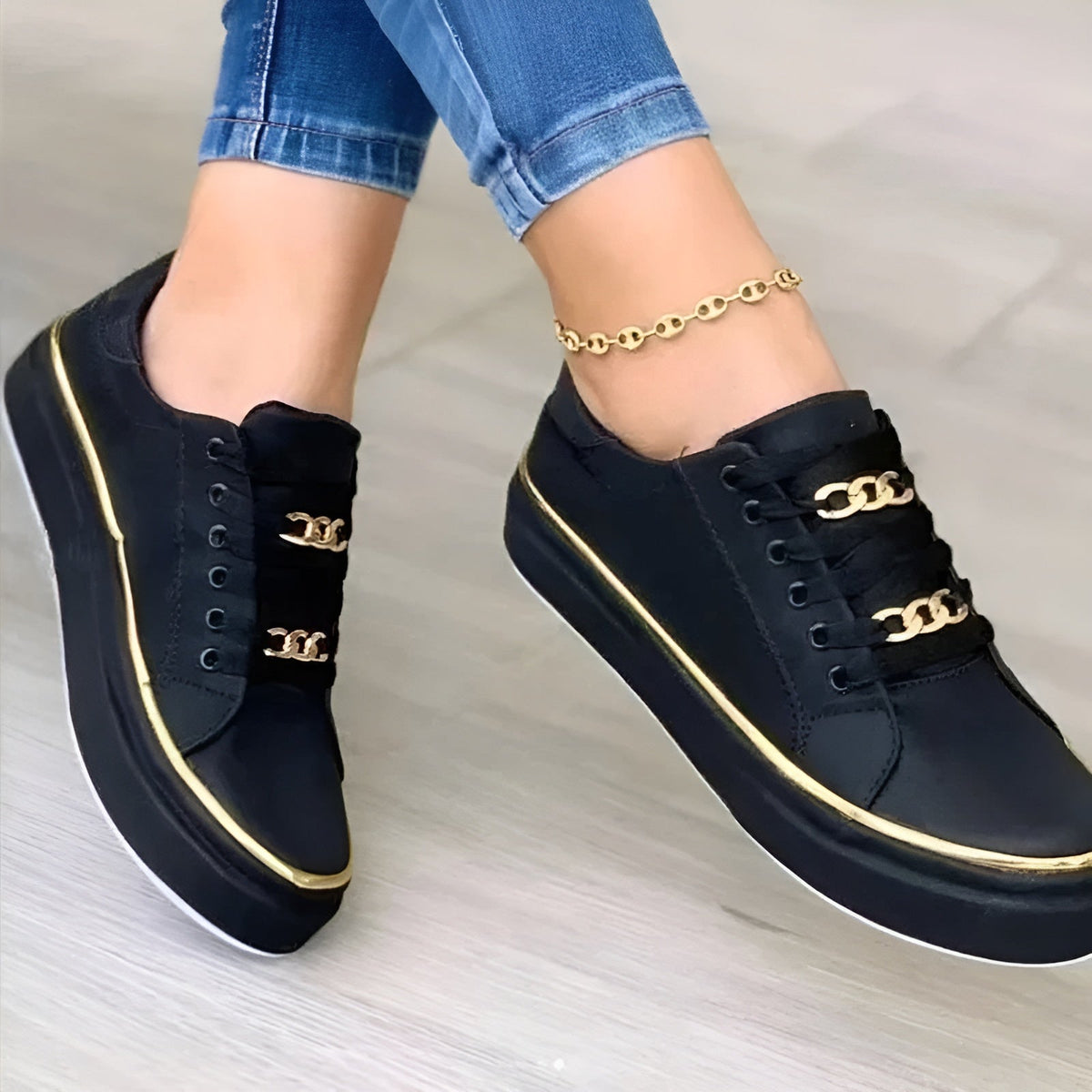 Women Sneakers with Golden Chain Accents Lace Up