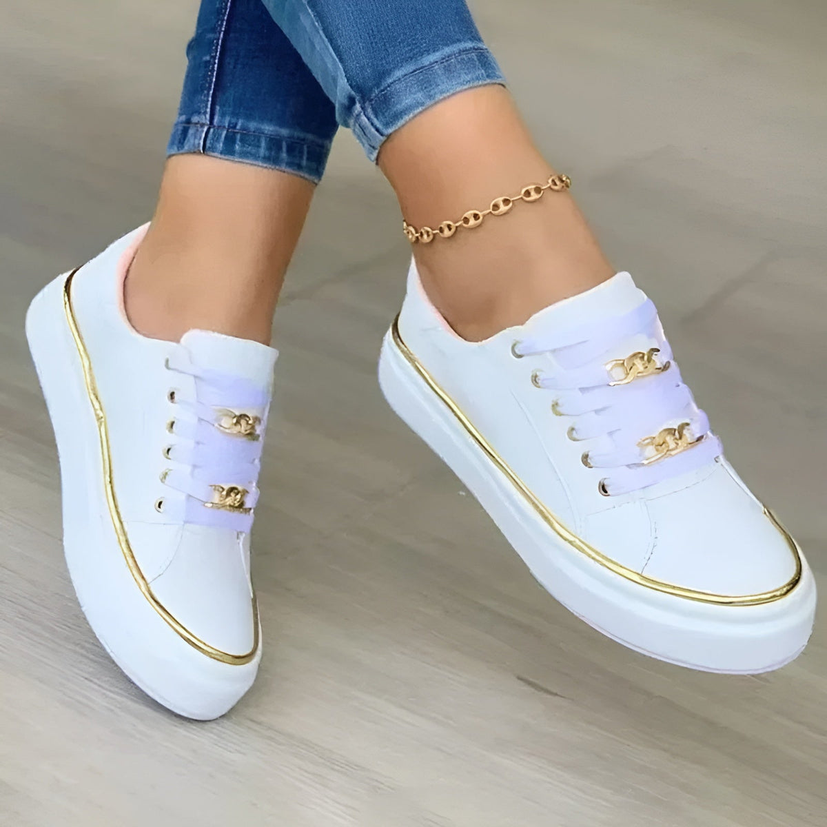 Women Sneakers with Golden Chain Accents Lace Up