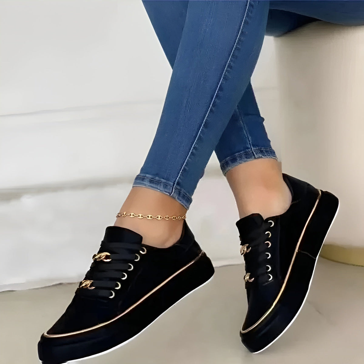 Women Sneakers with Golden Chain Accents Lace Up