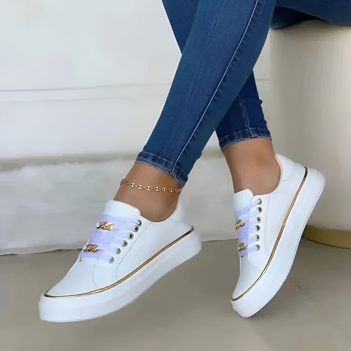 Women Sneakers with Golden Chain Accents Lace Up