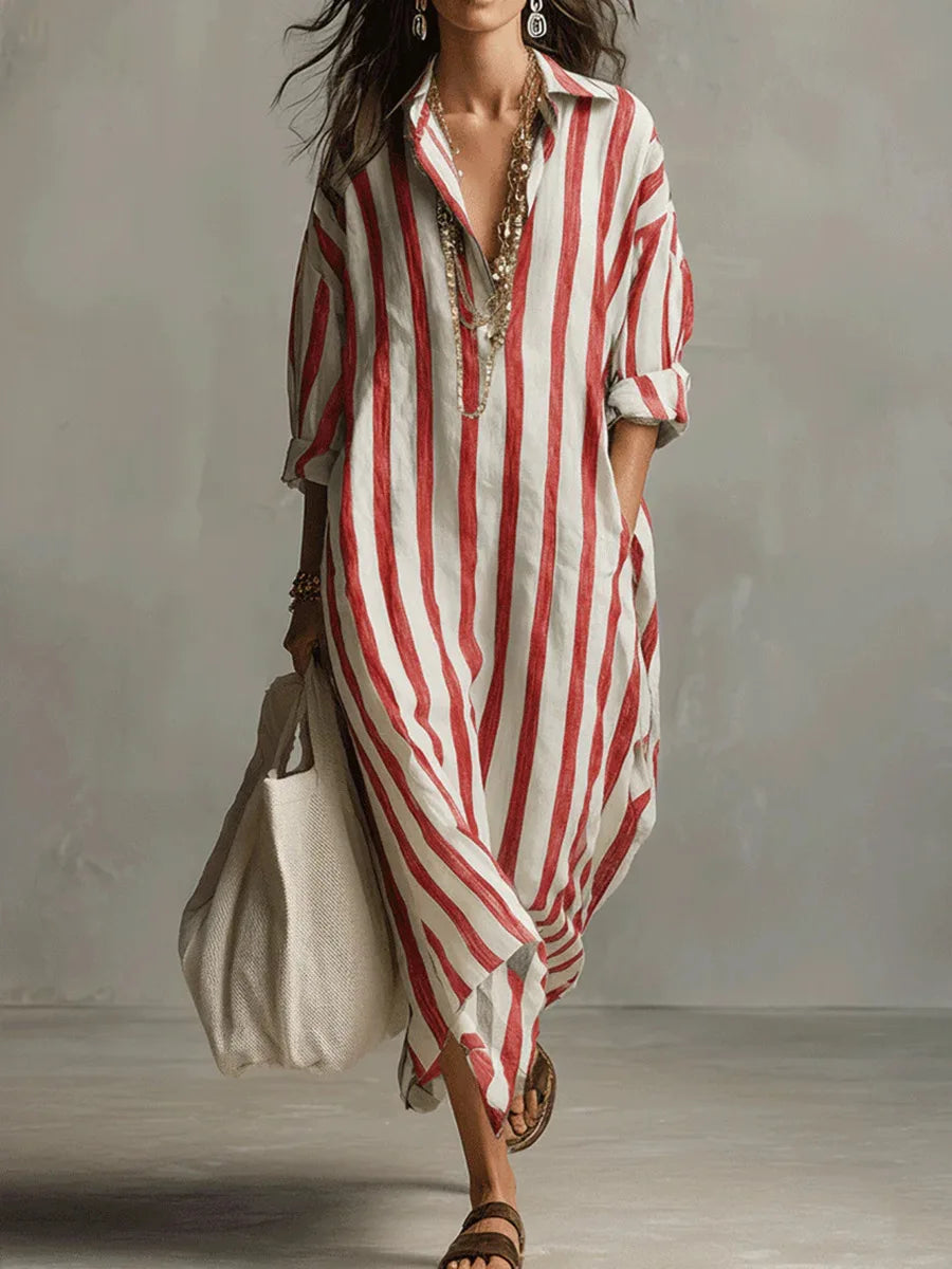 Valentina | Women's Midi Shirt Dress | Striped, Loose Fit, V-Neck | Casual