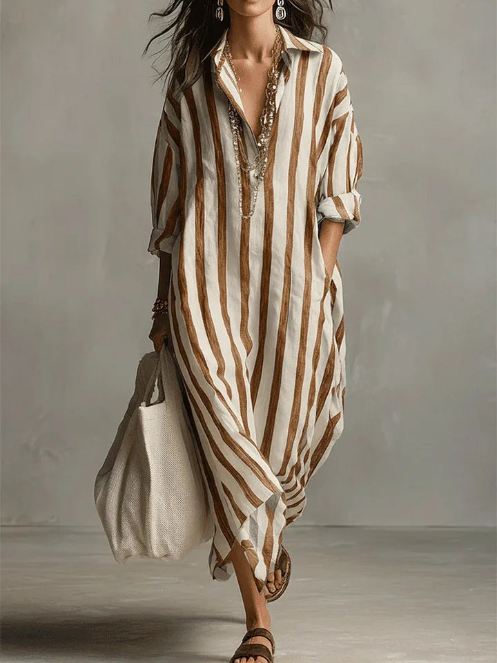 Valentina | Women's Midi Shirt Dress | Striped, Loose Fit, V-Neck | Casual