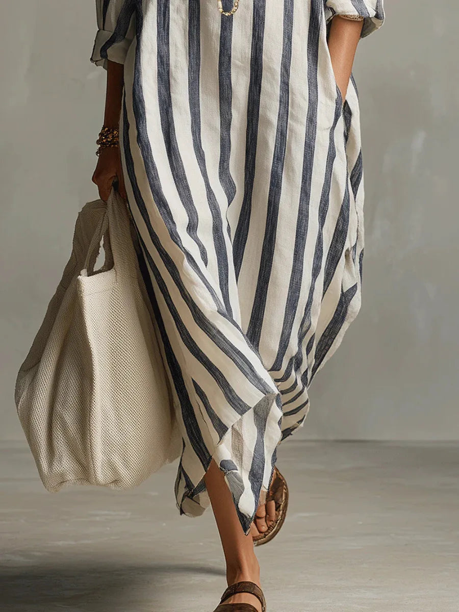 Valentina | Women's Midi Shirt Dress | Striped, Loose Fit, V-Neck | Casual