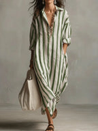Valentina | Women's Midi Shirt Dress | Striped, Loose Fit, V-Neck | Casual