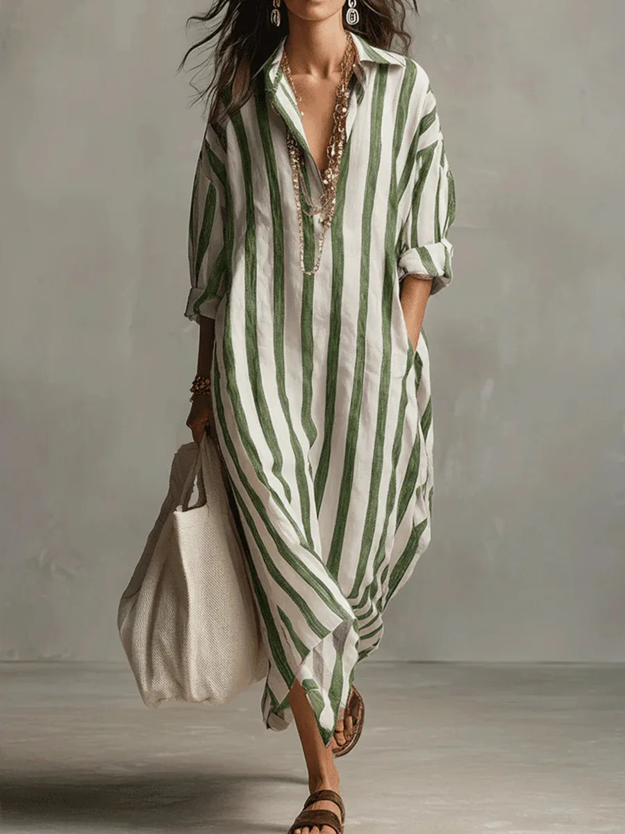 Valentina | Women's Midi Shirt Dress | Striped, Loose Fit, V-Neck | Casual