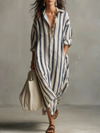 Valentina | Women's Midi Shirt Dress | Striped, Loose Fit, V-Neck | Casual