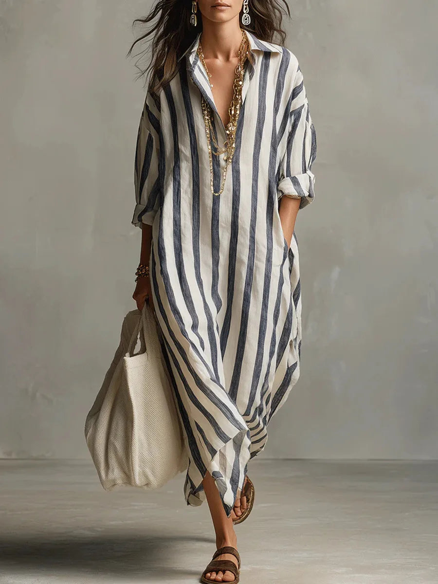 Valentina | Women's Midi Shirt Dress | Striped, Loose Fit, V-Neck | Casual