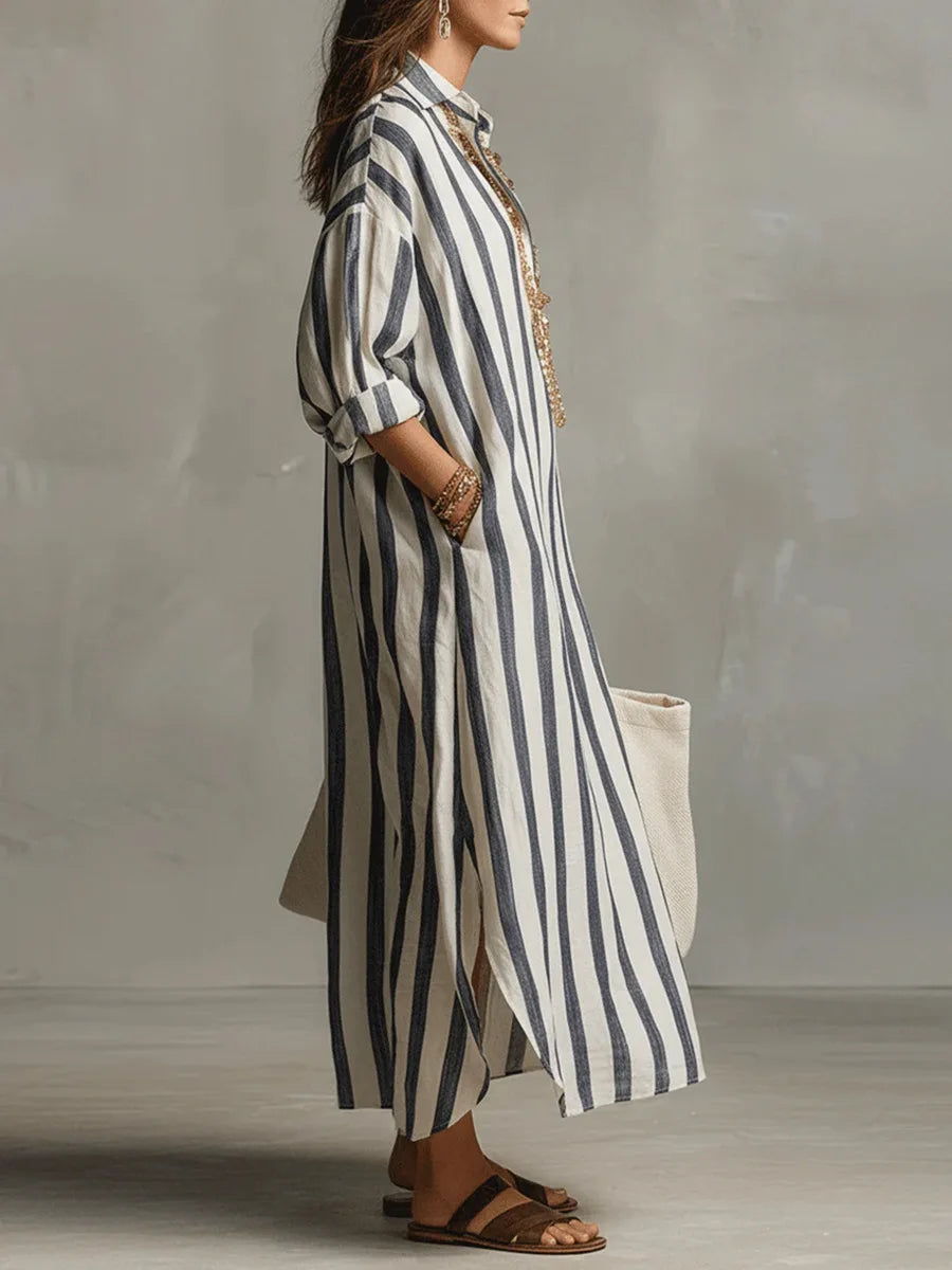 Valentina | Women's Midi Shirt Dress | Striped, Loose Fit, V-Neck | Casual