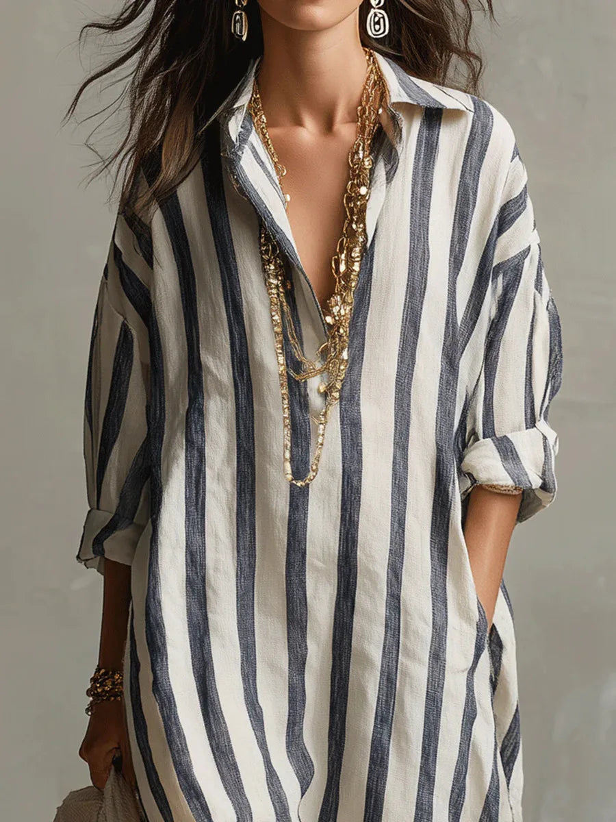 Valentina | Women's Midi Shirt Dress | Striped, Loose Fit, V-Neck | Casual
